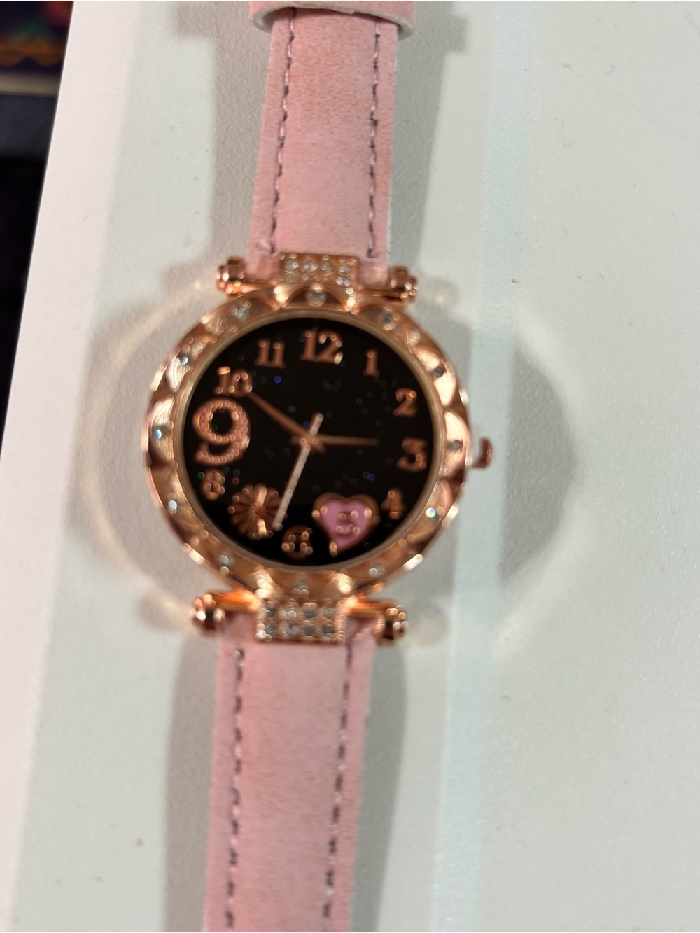 Rose Gold & Crystals Accent Heart Watch with Pink Leather Band. 9 1/2” length